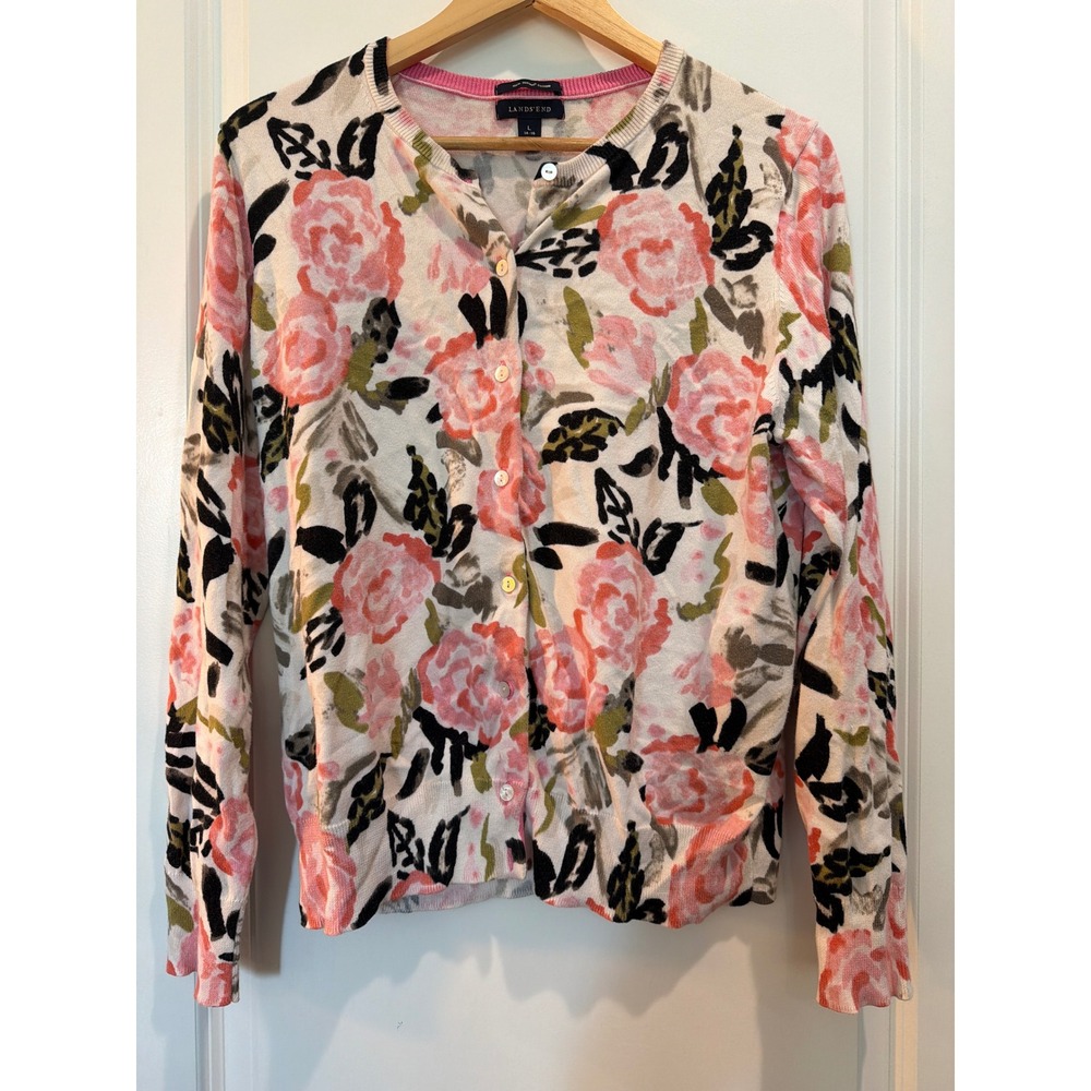 Lands End Floral Supima Cotton Cardigan Sweater Pink Rose Cream Large 14-16